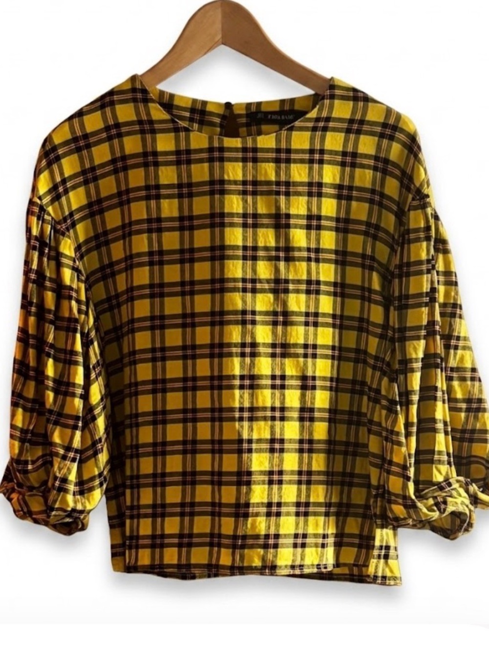 Zara Yellow Plaid Balloon-Sleeve Blouse
